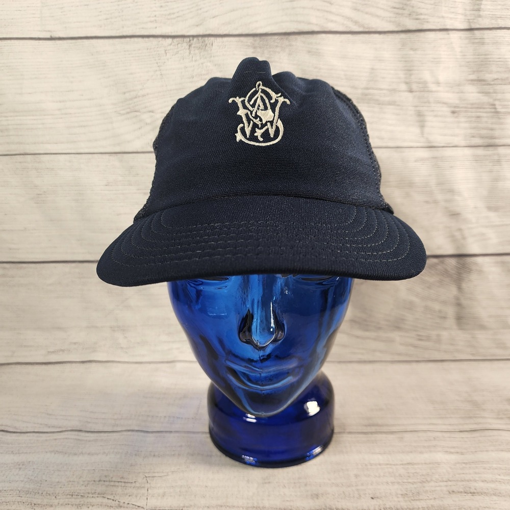 Vintage Smith & Wesson Navy Blue Mesh Trucker Hat Snapback Made in USA S&W Logo